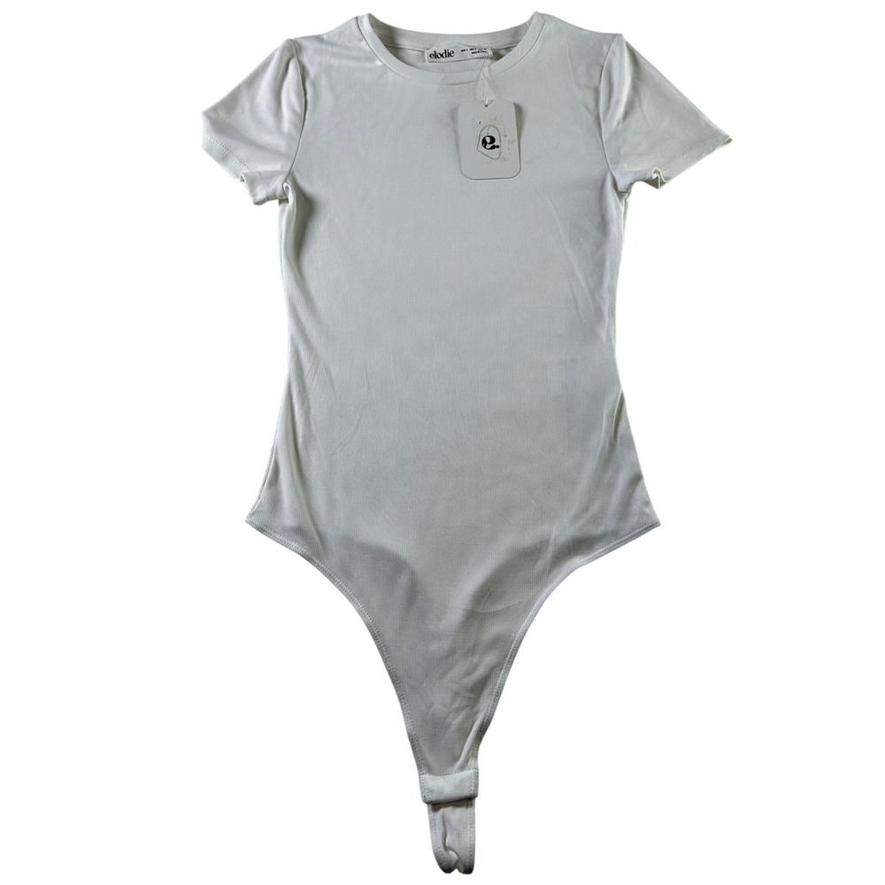 NWT Elodie Womens White Ribbed Short Sleeve Thong Bodysuit Snap‎ Closure Size S